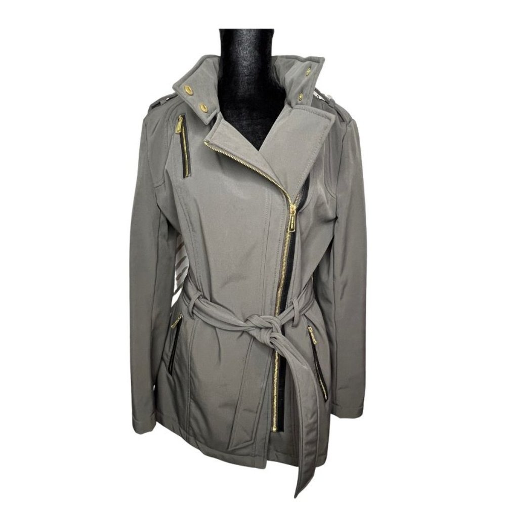 Michael Kors Olive Green Belted Zip Up Coat Jacket with Attached Hood (Womens M)